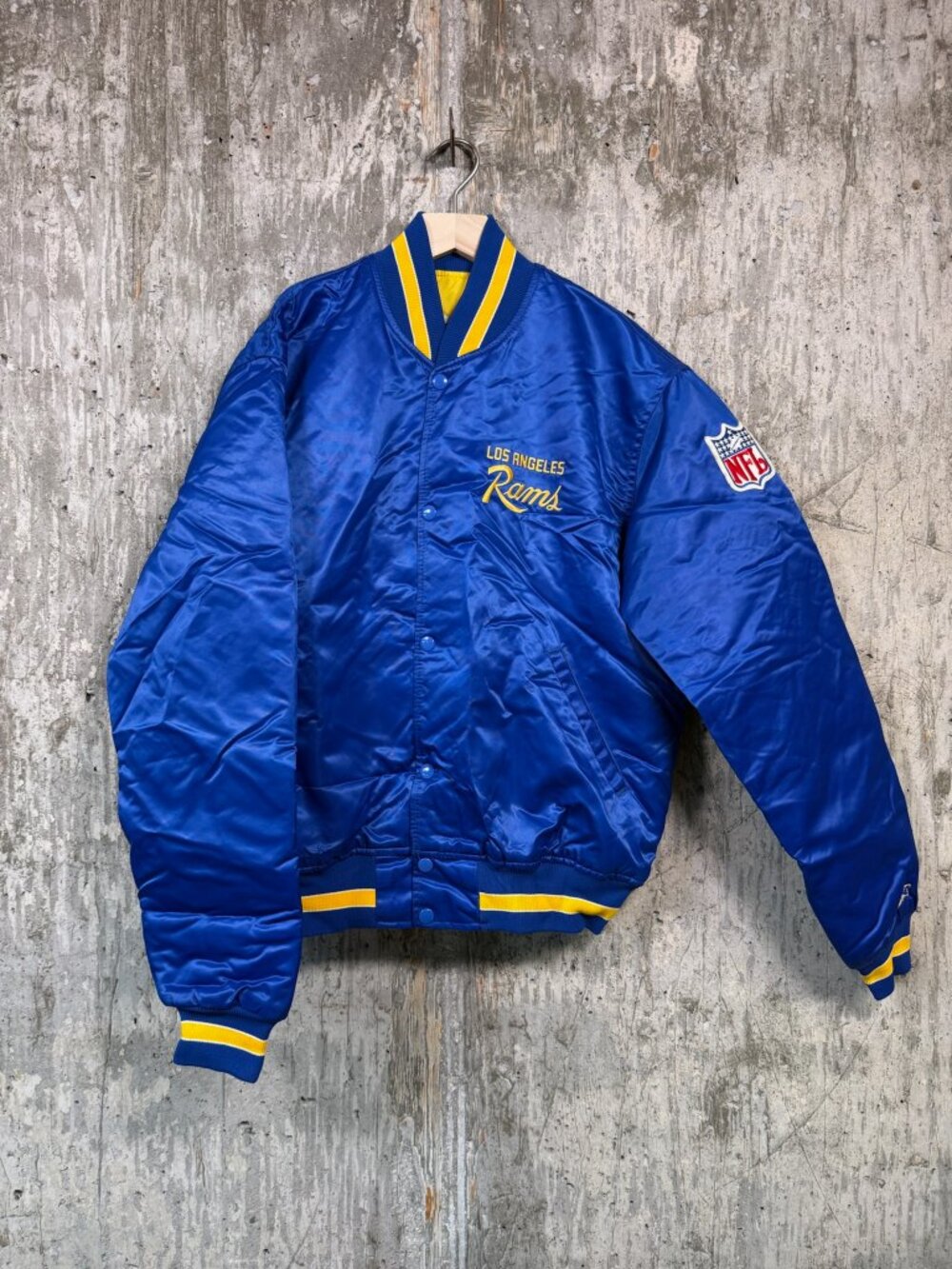 STARTER Men's Vintage NFL Los Angeles Rams Blue Satin Bomber Jacket Size L